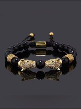 Black Beaded Gold Jaguar Head Adjustable Bracelet